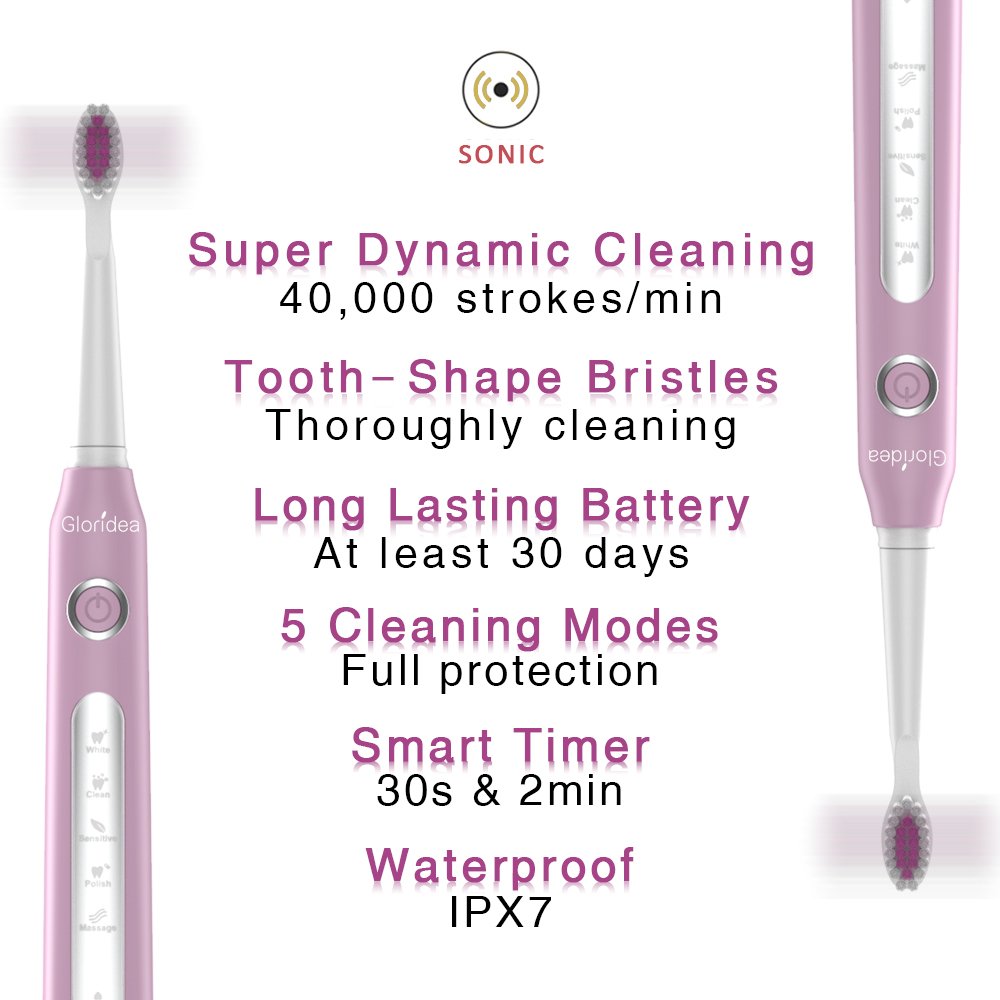 Gloridea Electric Toothbrush for Girls with 5 Super Cleaning Modes, Pink Travel Toothbrush USB Rechargeable Charging 4 hours for Using 30 Days, Waterproof Sonic Toothbrushes with Timer